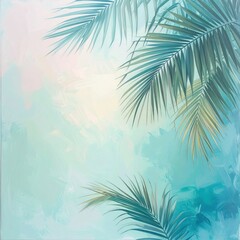 Obraz premium Palm fronds extend into a soft, abstract blue and pink painted background, with a hint of sunshine peaking through the leaves