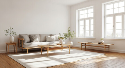 Scandinavian-style living room with white walls, wooden furniture, minimalist sofa, large windows, natural daylight