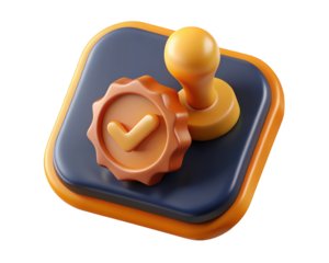 Approved confirmation badge render shiny check mark symbol validated rubber stamp icon 3d illustration isolated on transparent background