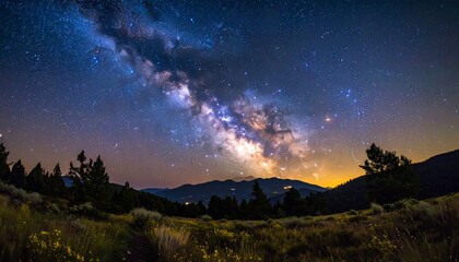 Fototapeta premium Stunning natural night landscape with a clear starry sky, silhouetted trees, and soft moonlight filtering through the clouds