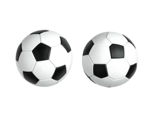 Two classic black-and-white soccer balls presented side-by-side against a stark black background; one slightly rotated