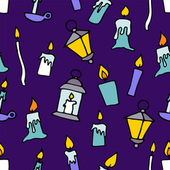 Doodle burning floating candles seamless pattern. Hand-drawn candlestick, lamp on dark purple background. Holiday, Christmas, church, Halloween dripping wax lights symbol. Vector festive illustration