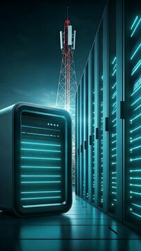 Server and Tower: A captivating image showcases a high-tech server rack setup, with a network tower visible in the background.