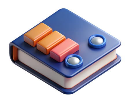 Blue isometric book with bar graph and buttons glossy look 3d illustration isolated on transparent background