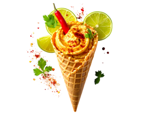 Spicy hummus in a waffle cone, garnished with lime wedges, chili pepper, and parsley; red spice dust surrounds
