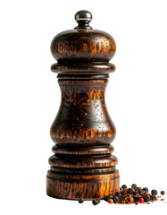 Dark-brown wooden pepper grinder with a bulbous body, a small silver top, and a scattering of peppercorns at its base, against a black background
