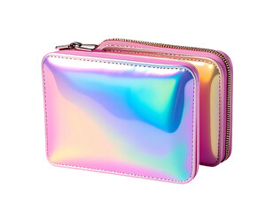 Holographic pink rectangular case with zipper closure, iridescent finish, and subtle stitching detail.  Compact, sleek design