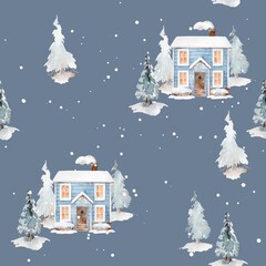 Watercolor seamless winter pattern with blue house and snowy Christmas trees