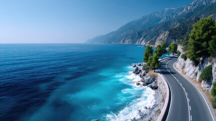 Coastal Road Winding Along Turquoise Sea Shoreline with Green Vegetation on Cliffs Aerial View under Clear Blue Sky on Bright Sunny Day