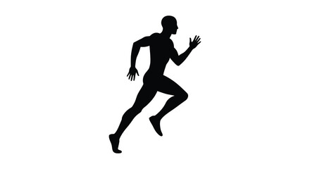 A dynamic figure of a running person in black silhouette