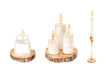 Watercolor Christmas Candles Clipart Isolated on White