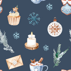 Watercolor Christmas Seamless Pattern with Snowflakes, Cupcake, Candle and Ornaments