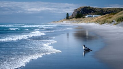 Coastal Scene with Bird on Sandy Beach and Ocean Waves Under Cloudy Blue Sky