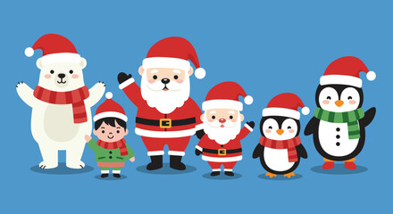 A festive Christmas illustration with a polar bear, a child dressed as an elf, Santa Claus, a smaller Santa, and two penguins, all wearing Santa hats and scarves, standing happily together against a b