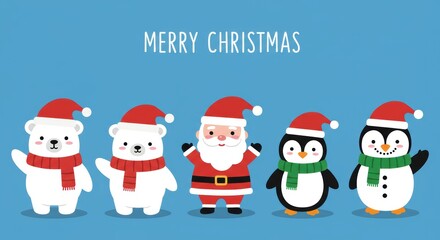 Fototapeta premium A cute Christmas illustration featuring two polar bears, Santa Claus, and two penguins, all wearing red Santa hats and colorful scarves, standing together against a blue background with the text 