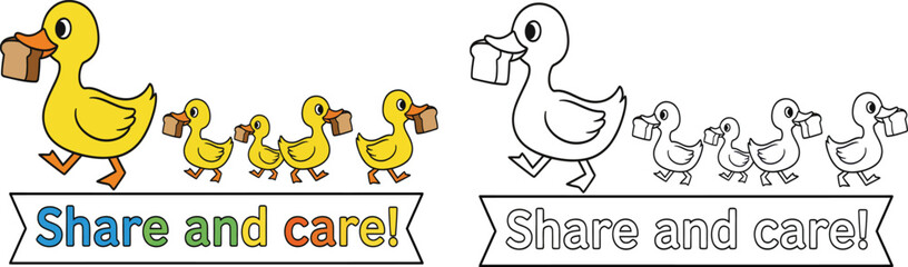 Cute Cartoon Ducks Sharing Bread Share and Care