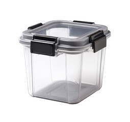 Clear square plastic container with gray lid and black latches