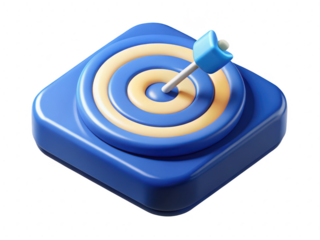 Cartoonish target board with dart hitting center success goal achievement concept aiming 3d illustration isolated on transparent background