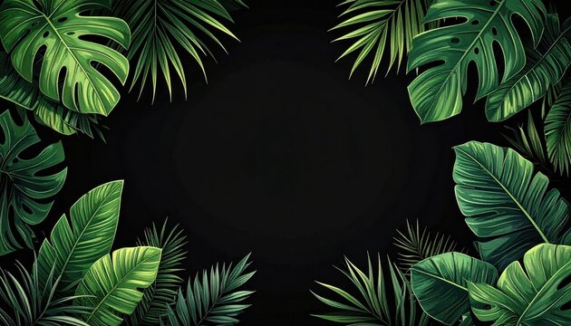 Lush, vibrant tropical leaves frame a dark center; a detailed illustration features varied green foliage against a solid black background - Powered by Adobe