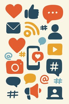 Social media and communication technology icon set with smartphone and symbols