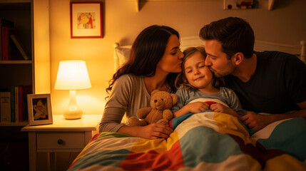 Parents kissing their happy daughter goodnight in a cozy bedroom