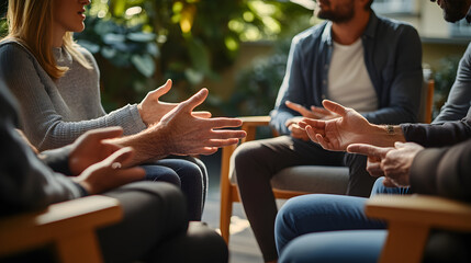 Counseling group therapy concept with individuals seated in chairs, expressive hand gestures symbolizing open conversation, emotional support, and mental health community interaction