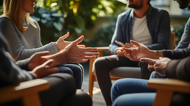 Counseling group therapy concept with individuals seated in chairs, expressive hand gestures symbolizing open conversation, emotional support, and mental health community interaction