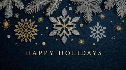  "Happy Holidays" greeting text, golden and silver snowflakes and fir branches on dark blue background. 