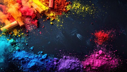 Colorful chalk dust and sticks on dark background
