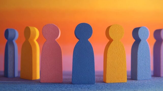 Colorful Cutout Crowd: A vibrant ensemble of brightly colored cutout figures stand together, symbolizing unity, diversity, and community spirit, set against an inspiring orange backdrop.