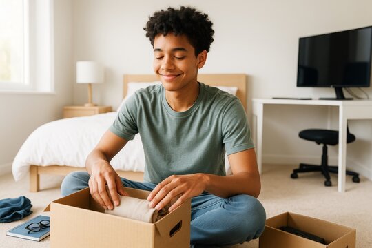 Smiling young man sitting on bedroom floor packing clothes in cardboard box with natural light background and peaceful creative atmosphere. Ai generative