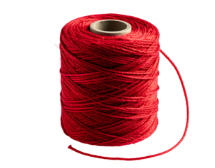 A spool of vibrant red thread, tightly wound, shows a textured surface and a single strand extending from the side against a black background