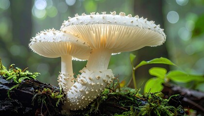 Two delicate white mushrooms atop mossy log in forest
