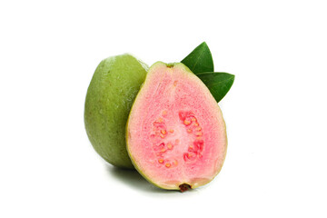 Fresh Pink Guava Fruit Cut in Half with Green Leaves on White Background
