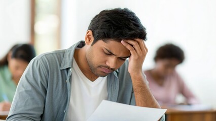 Fototapeta premium Young Indian man overwhelmed with test papers — feeling exam stress in classroom setting
