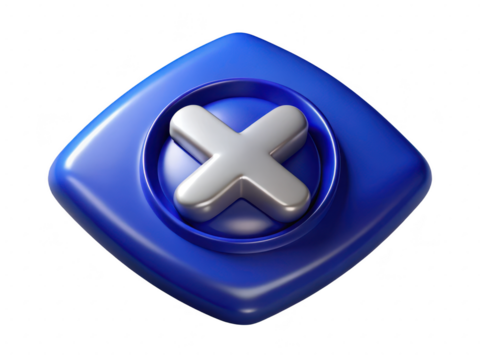 Glossy blue button with silver cross mark for error or removal concept 3d illustration isolated on transparent background