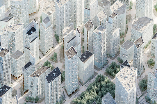 Aerial 3d render of white city skyscrapers and streets with no people