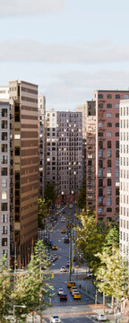 Aerial 3d view of city street with traffic and residential buildings