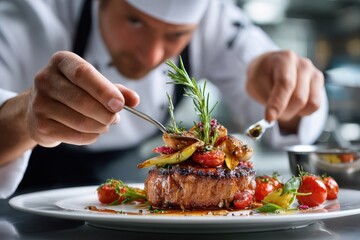 Chef Garnishing Grilled Steak with Herbs and Vegetables