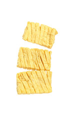 Sliced Dried Bean Curd Tofu Skin Pieces Isolated on White Background Ready for Cooking