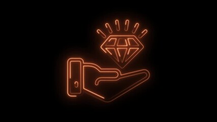 Neon hand holding diamond brilliant glowing gem presentation on black background