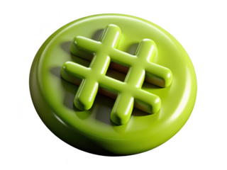 Glossy green hashtag icon on rounded platform vibrant social media symbol 3d illustration isolated on transparent background