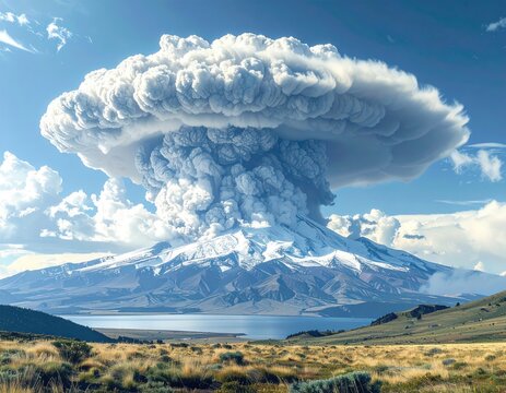 Volcanic plume over snowy mountain range