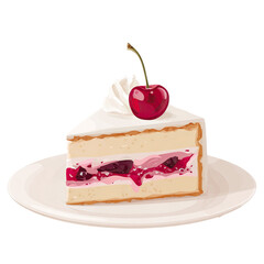 Appetizing semi-flat vector illustration of a cherry cheesecake slice on a white plate.