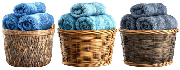 Rolled towels in woven baskets