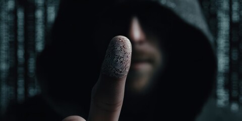 The hooded figure revealing a fingerprint in a digital landscape
