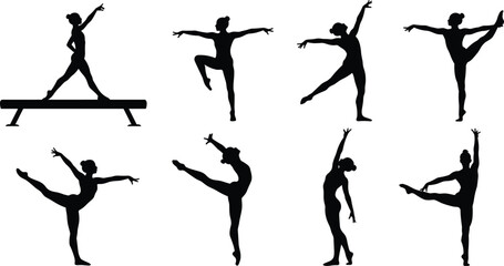 Silhouette gymnasts performing balance beam, arabesque, split, standing poses, vector illustration of artistic gymnastics performance, flexibility, strength, and graceful movement