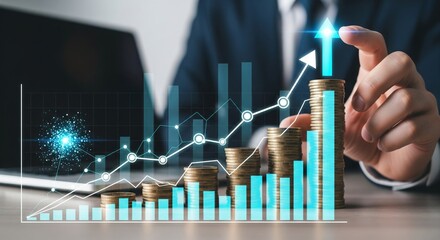 Businessman Stacking Coins with Digital Financial Charts and Growth Analytics