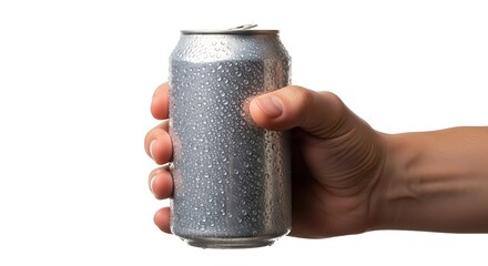 Hand holding a cold, wet aluminum can of soda