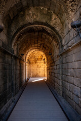 Excavations of the roman Casa del Mitreo in Merida, Spain,Stone columns of a Roman construction in Merida, Badajoz, Spain
